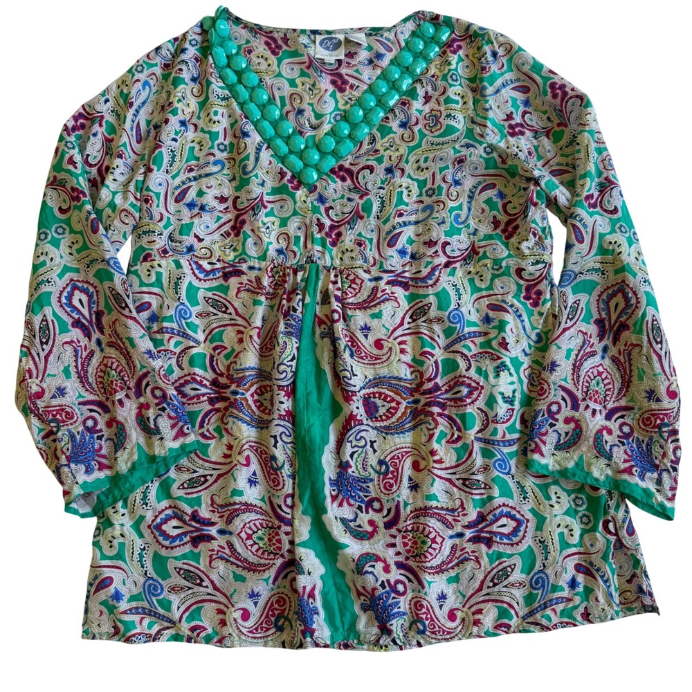 DG2 Diane Gilman 100% Silk Paisley Beaded Tunic Blouse Top Green Boho Large